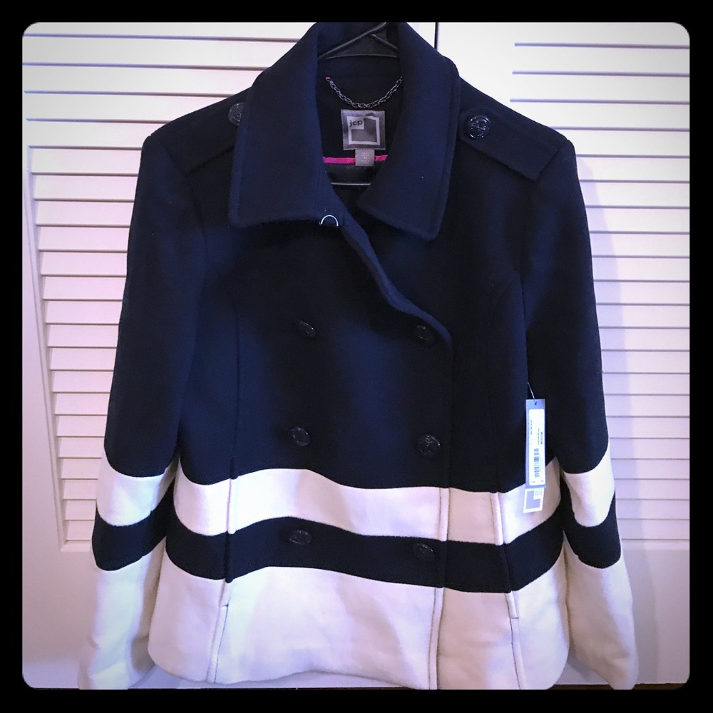 JCP Women's Navy and White Peacoat